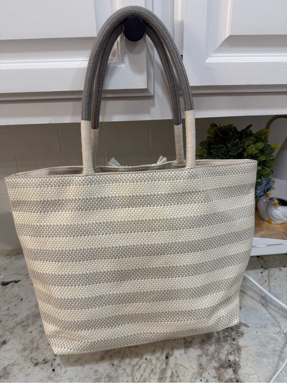 Stella & Dot Cream and Light Gray Striped Fringe Tote